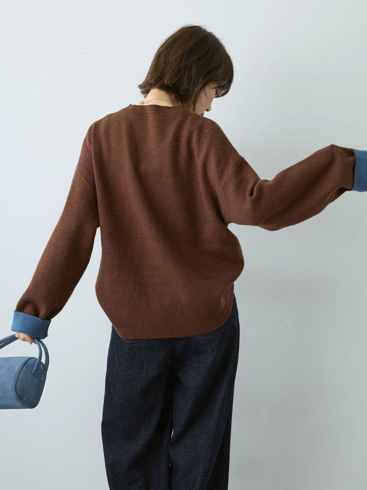 [予約]アルパカタッチバイカラーニットトップス/brown