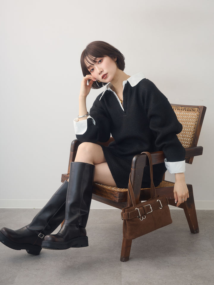 [SET]シャツレイヤードデザインニットトップス＆ミニスカートSET UP(2SET)