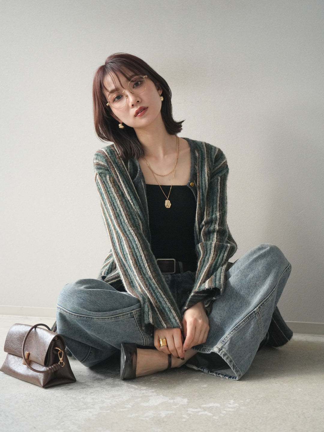 [予約]アンティークボタンストライプニットカーディガン/charcoal