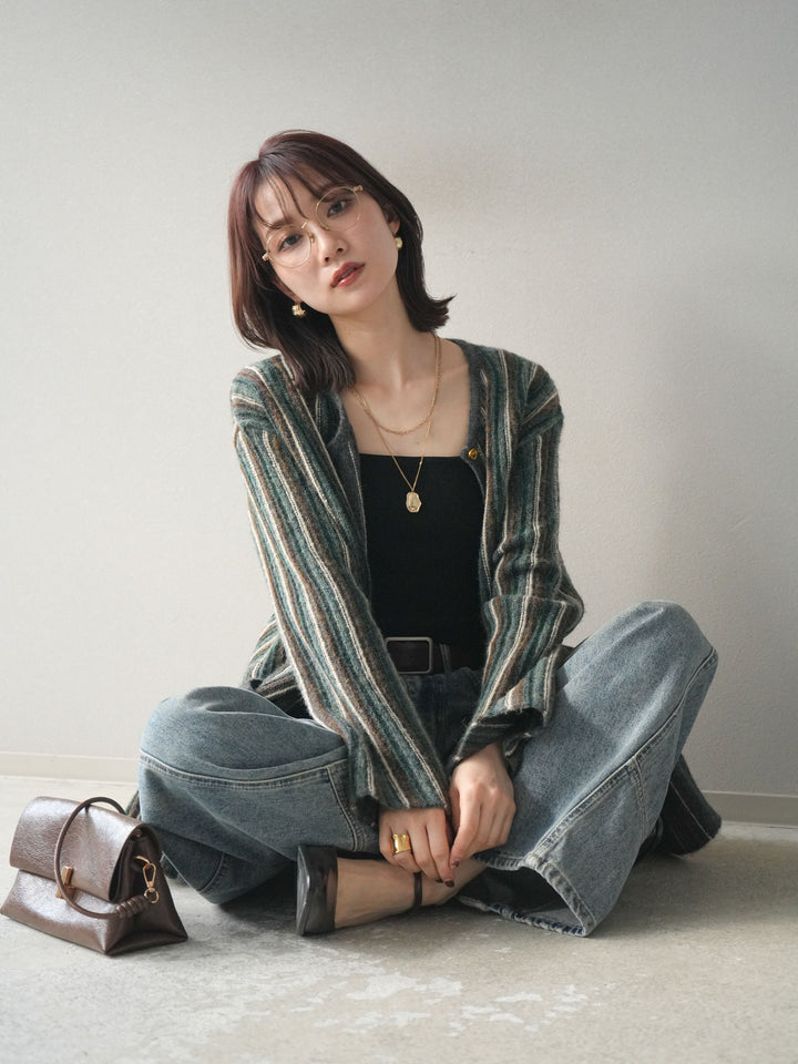 [予約]アンティークボタンストライプニットカーディガン/charcoal