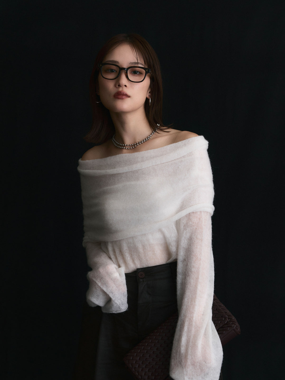 【Allure】[SET]オフショルシアーニットプルオーバー+レザータックセミワイドパンツ(2set)