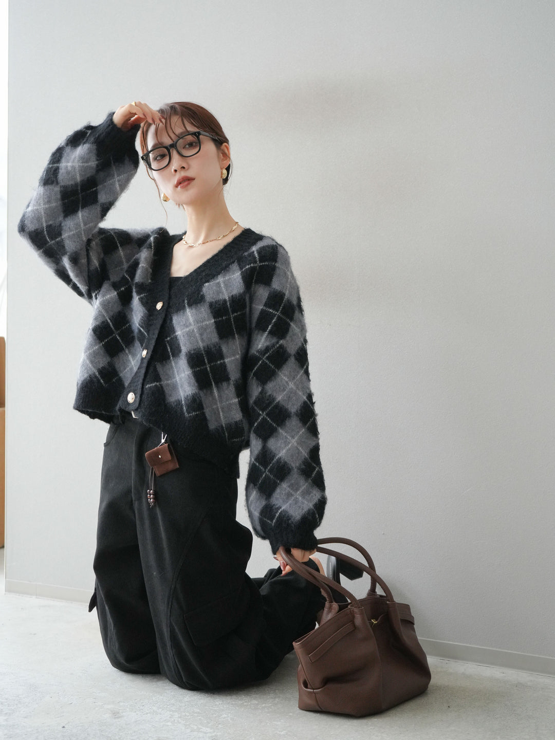 [予約]アーガイルシャギーニットカーディガン/gray