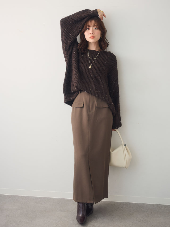 [SET]バルーンスリーブスパンリブニットトップス+クレープデシンフラップ付きストレートスカート(2set)