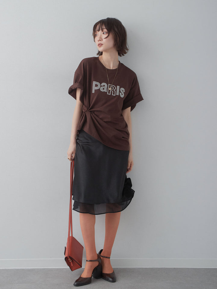 [SET]スタッズロゴTEE+サテンシフォンレイヤードスカート(2set)