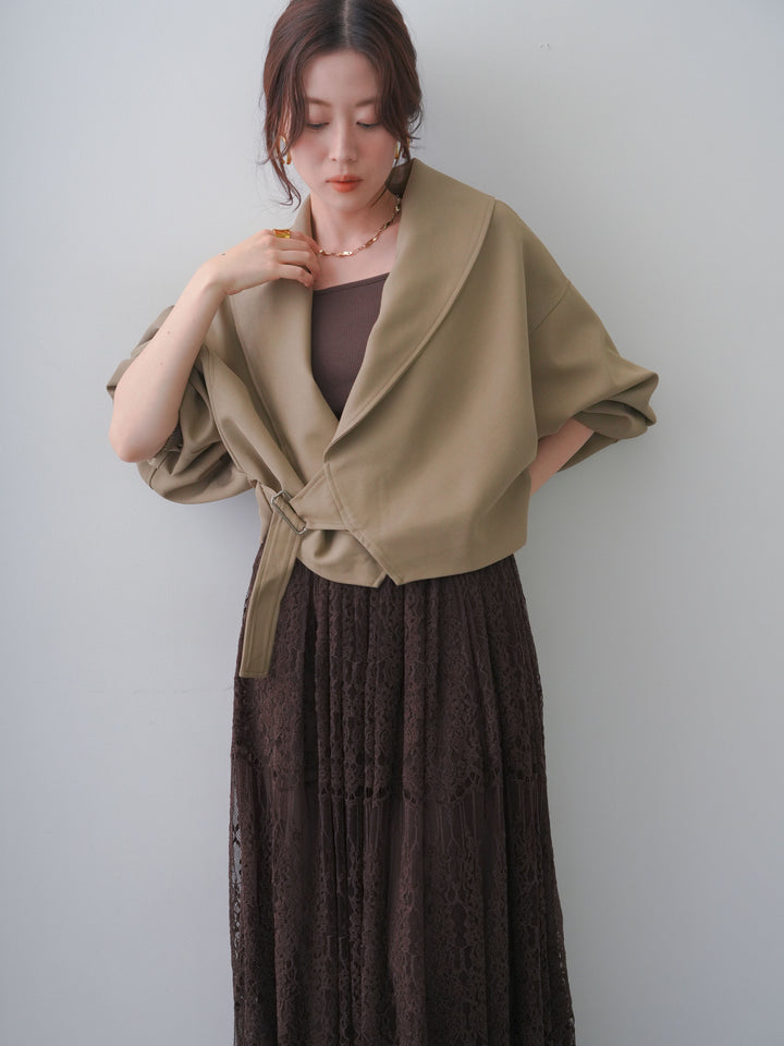 [SET]サイドベルトビッグカラーショートジャケット+カップ付きバッククロスキャミソール(2set)