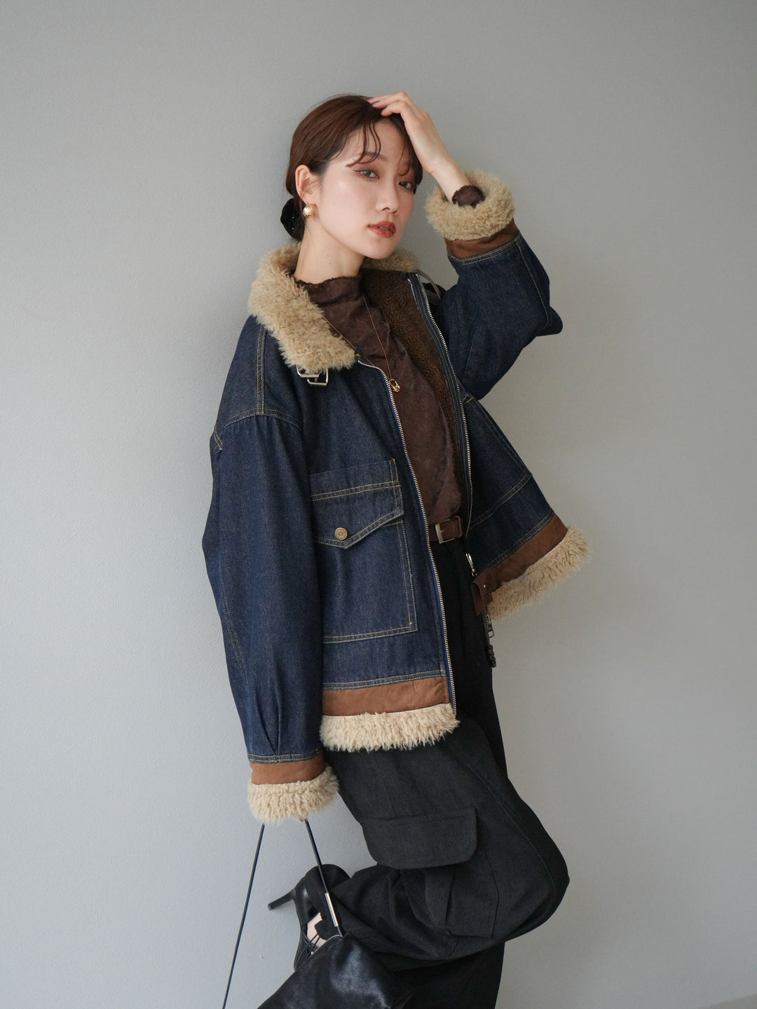 [予約]スタンドカラーファー×デニムジャケット/indigo