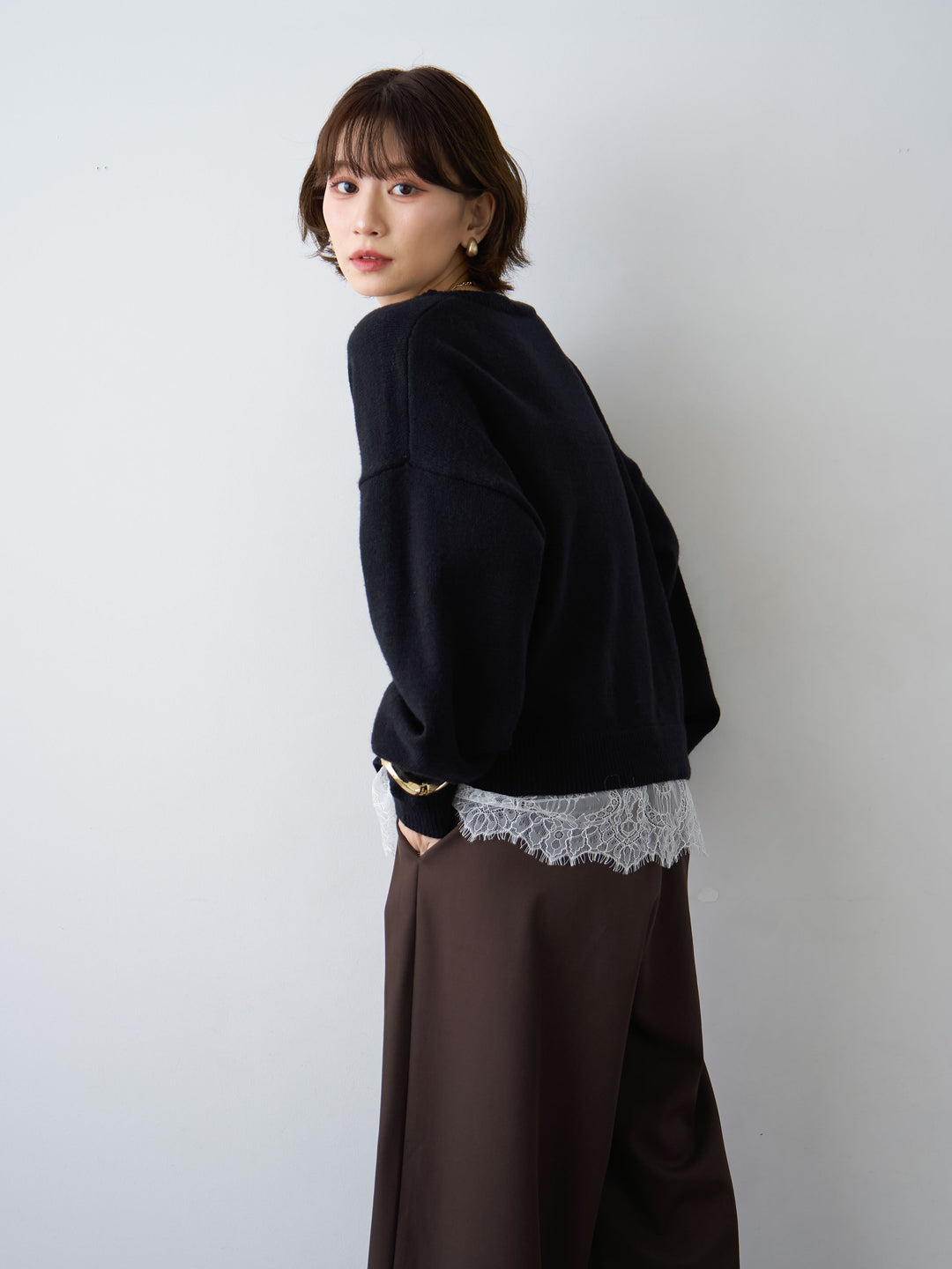 [SET]アルパカタッチレースドッキングVネックニットトップス+選べるアクセセット(2set)