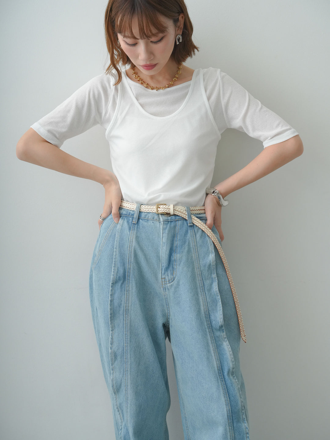 [SET]前後2wayシアーアシメレイヤード風TEE+フリルラインワイドデニム(2set)
