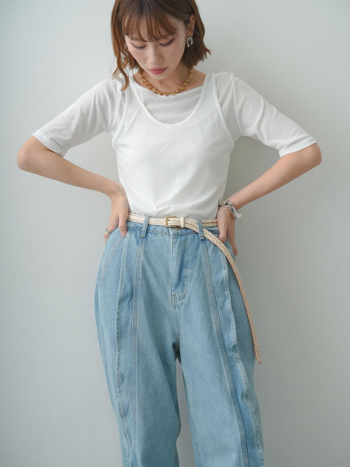 [SET]前後2wayシアーアシメレイヤード風TEE+フリルラインワイドデニム(2set)