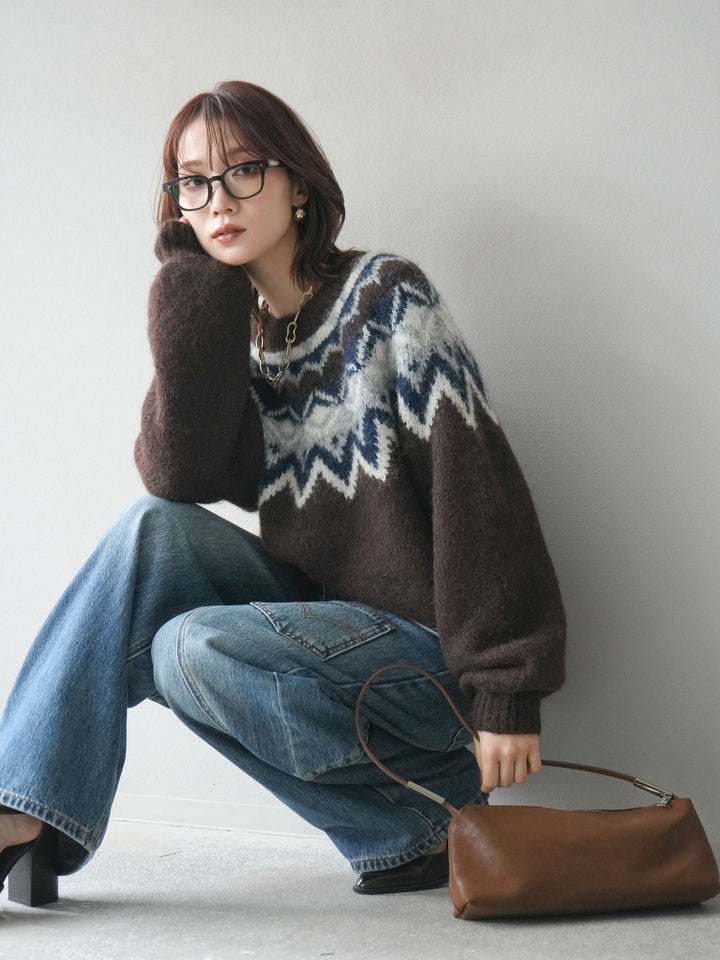 [SET]求心柄オーバーニットプルオーバー+ペインターカーブデニムパンツ(2set)