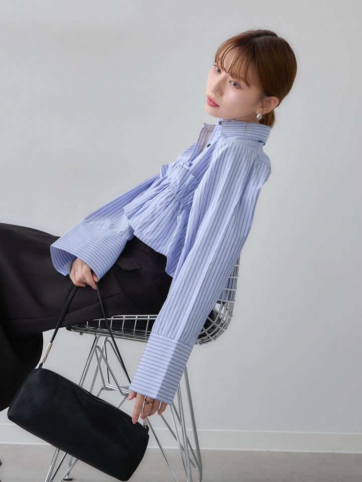 [SET]ストライプフリルシャツ+クレープデシンフラップ付きストレートスカート(2set)