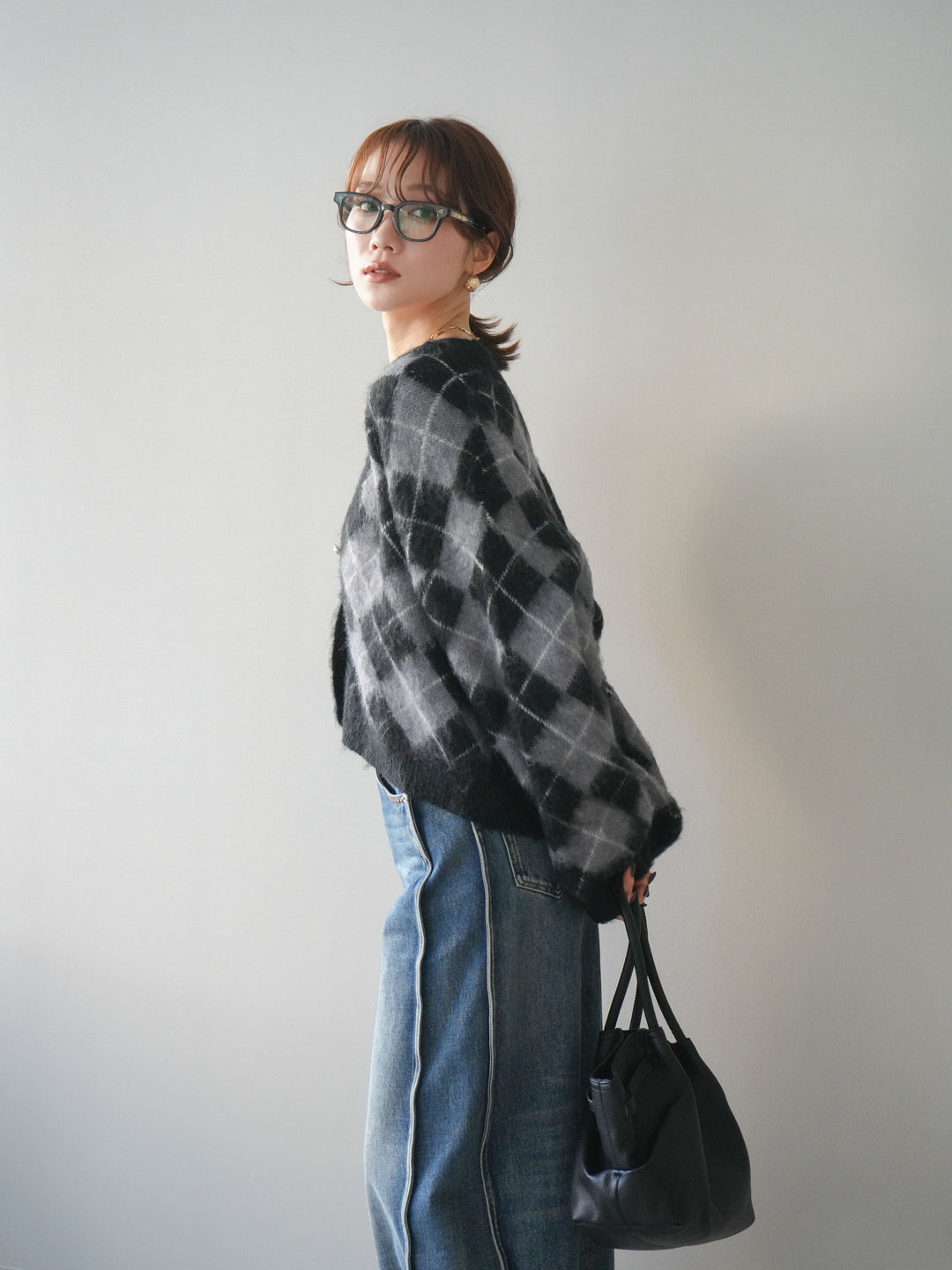 [予約]アーガイルシャギーニットカーディガン/gray