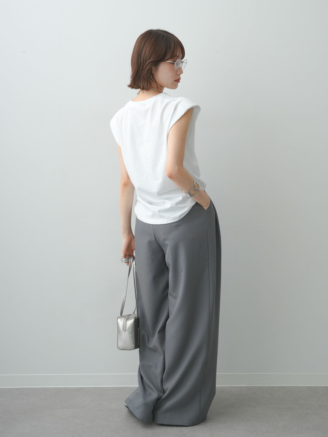 [SET]ショルダーパッドフレンチTEE+ベルトループデザインワイドパンツ(2set)
