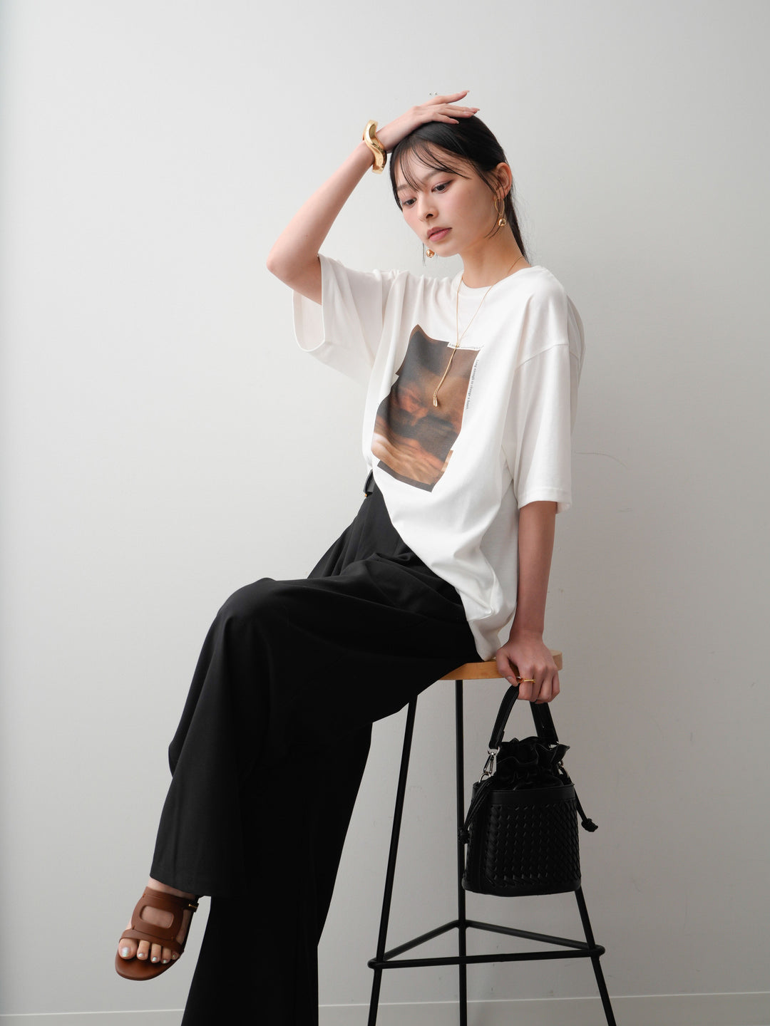 [SET]フォトプリントロゴTEE+アシンメトリーベルトタックワイドパンツ(2set)