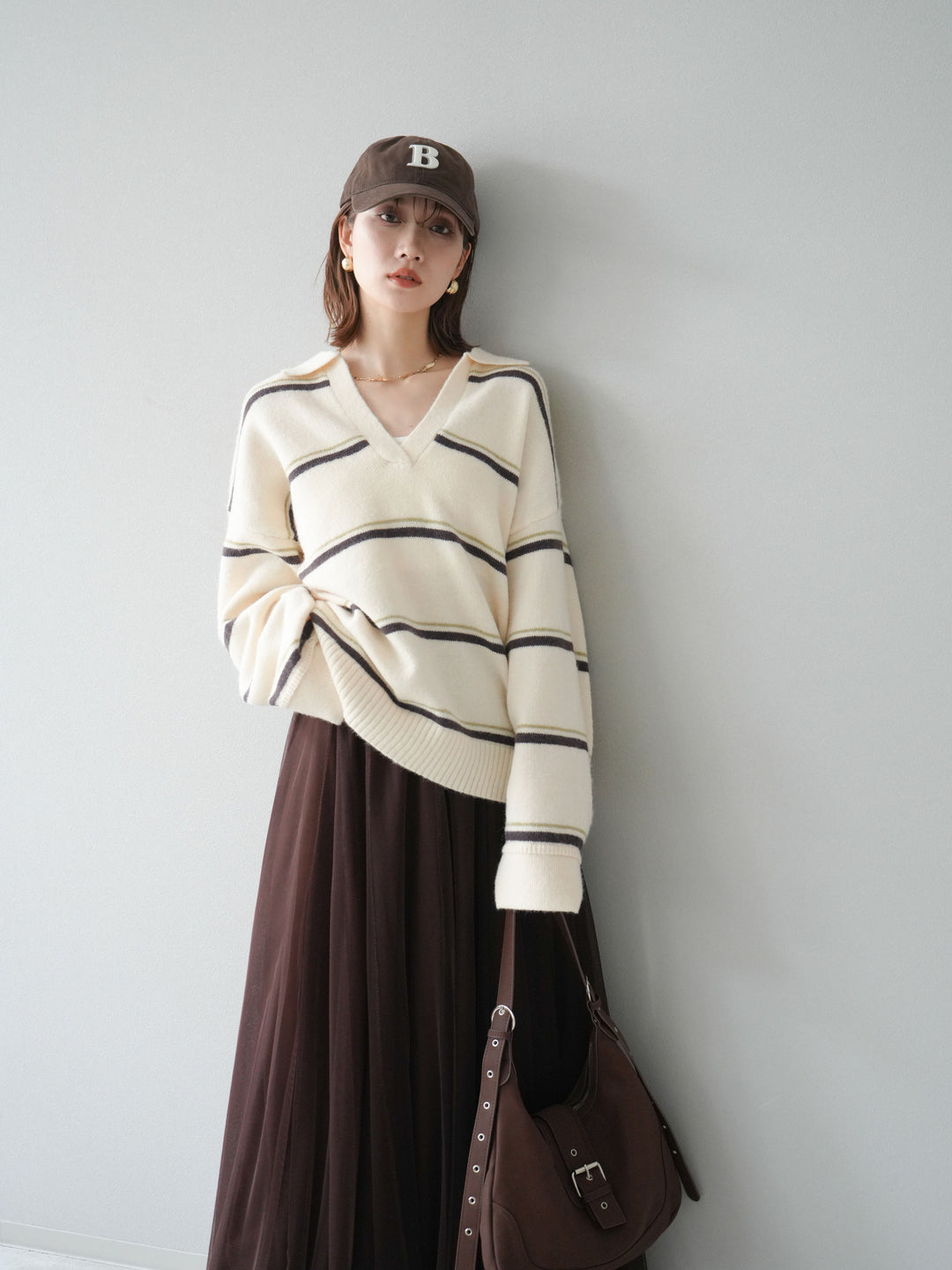 [SET]ポロ襟スキッパーボーダーニットプルオーバー+チュールボリュームスカート(2set)