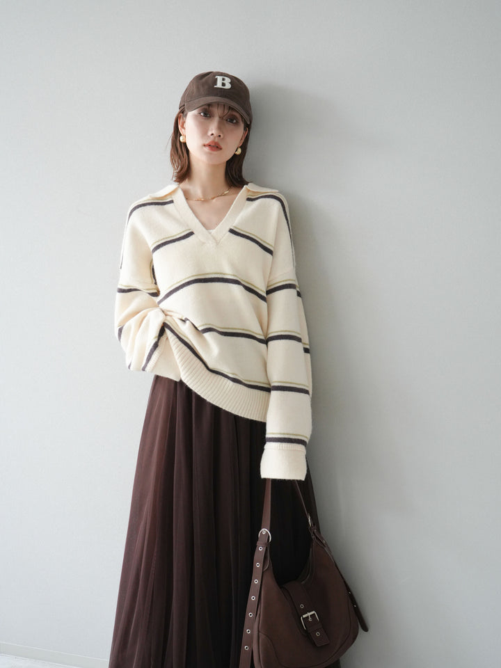 [SET]ポロ襟スキッパーボーダーニットプルオーバー+チュールボリュームスカート(2set)