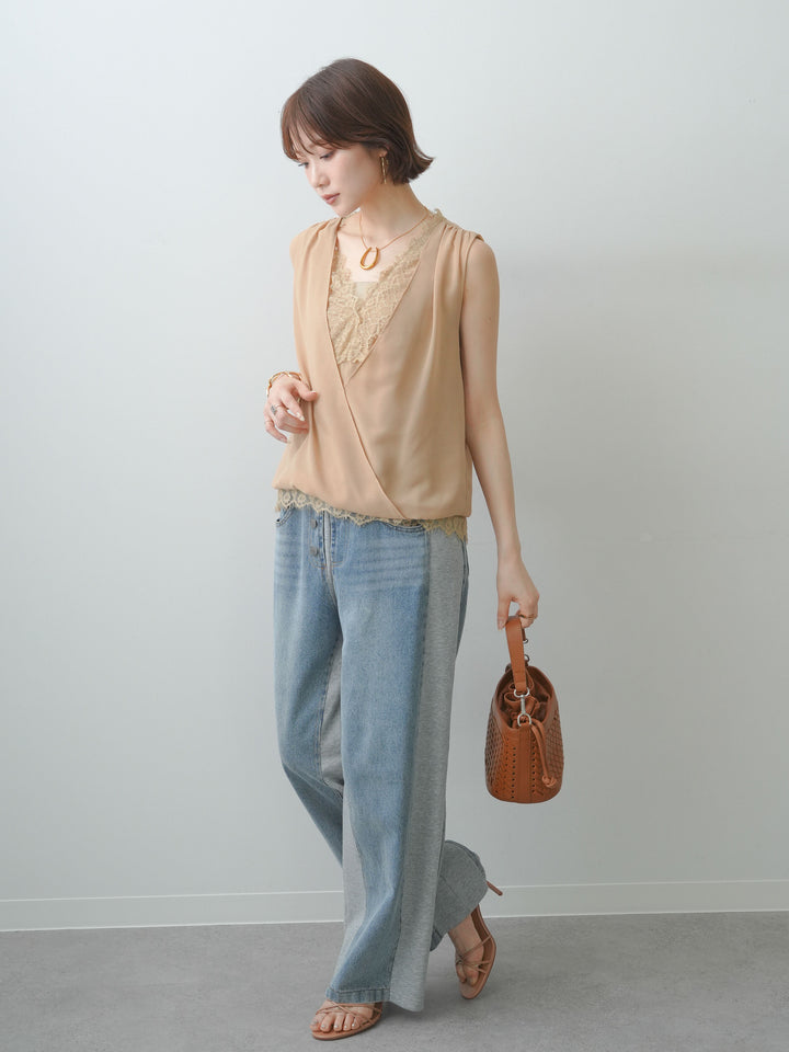 [SET]レースレイヤードカシュクールノースリブラウス+デニム切替スウェットパンツ(2set)