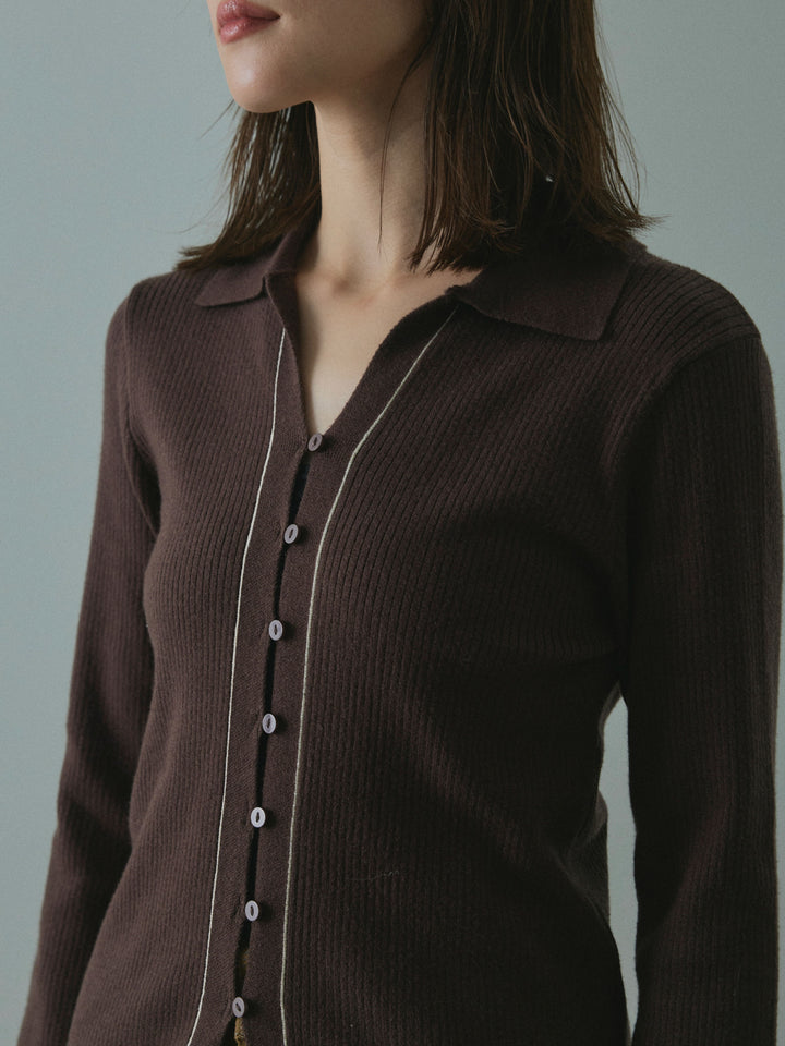 【Allure】[SET]リブ配色ラインポロニットカーディガン+リブ配色ラインポロニットカーディガン(2set)