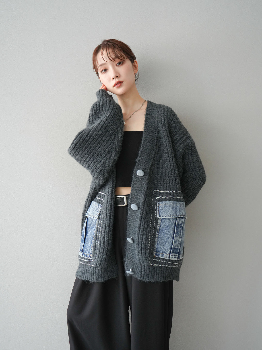[予約]デニムポケットハンドステッチカーディガン/gray