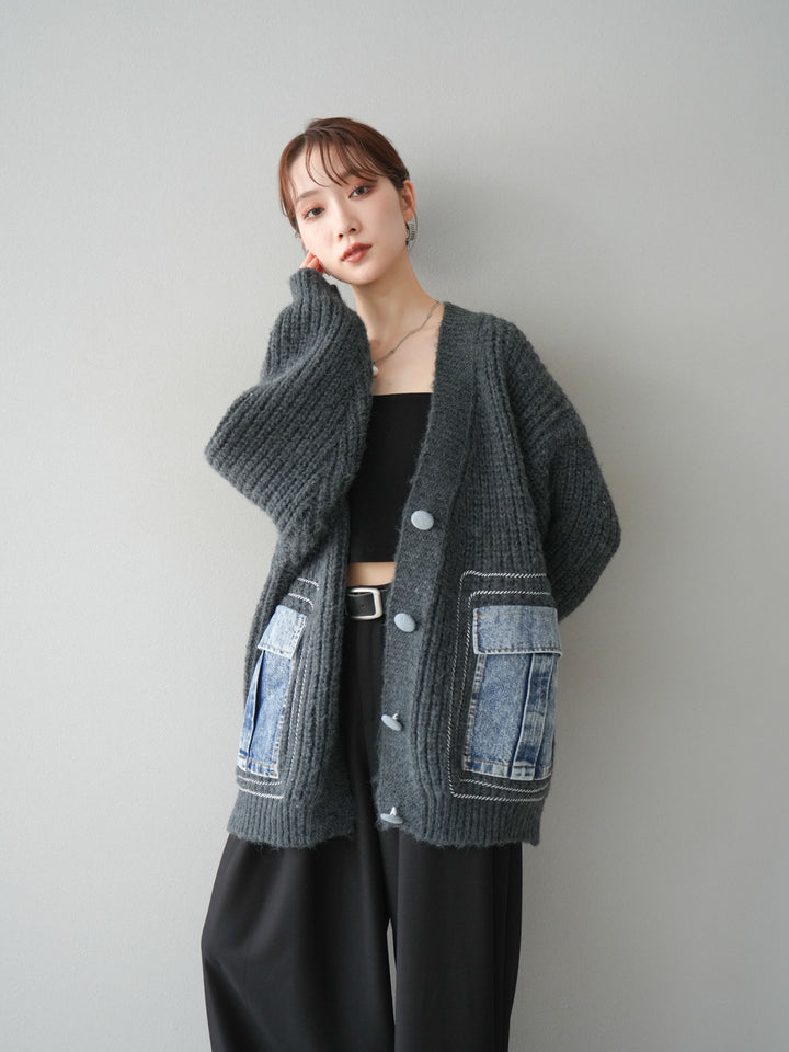 [予約]デニムポケットハンドステッチカーディガン/gray