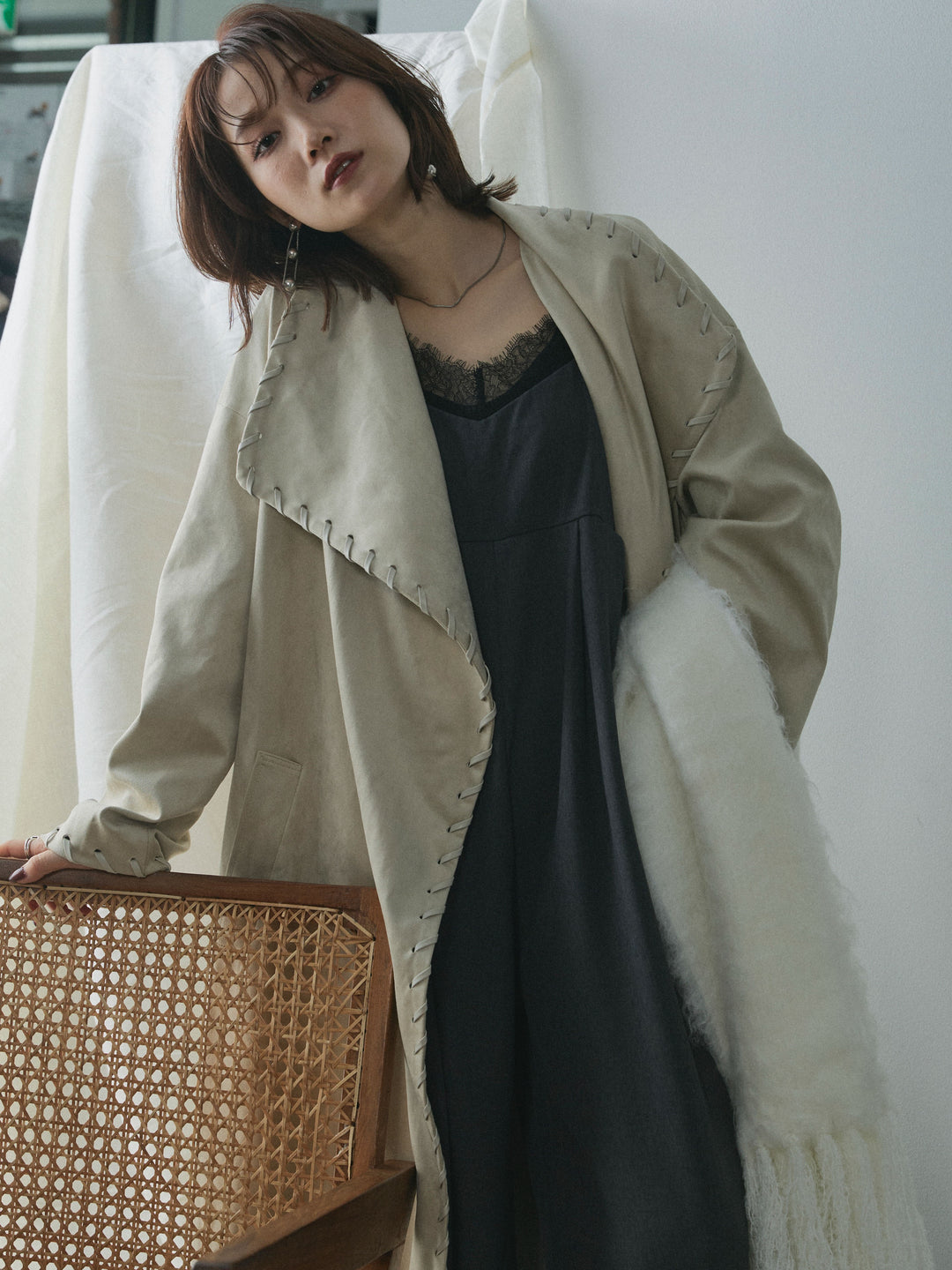 【Allure】[SET]レースキャミオールインワン+スウェードハンドステッチロングコート(2set)