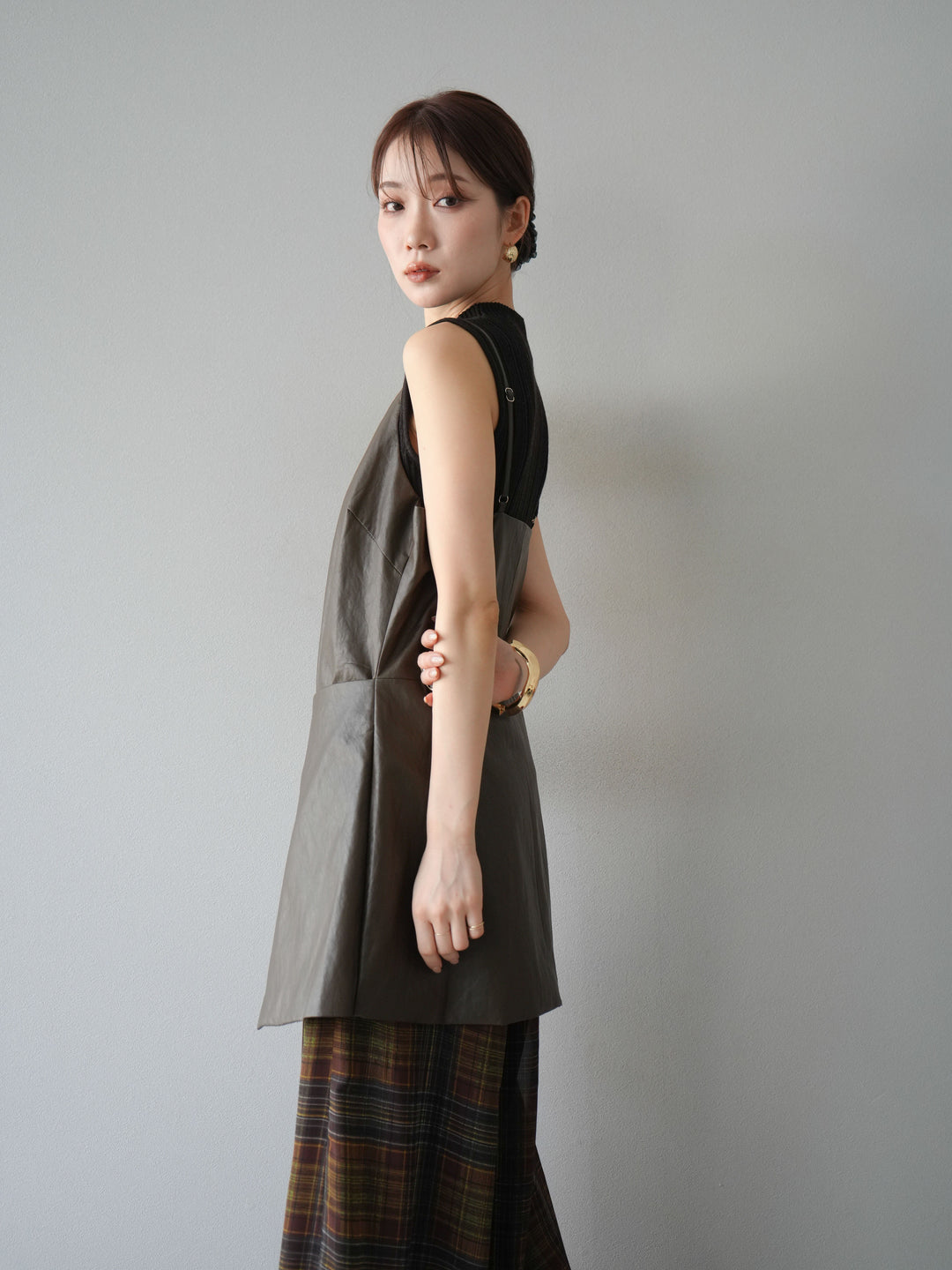 [予約]レイヤードレザーキャミソールチュニック/ブラウン