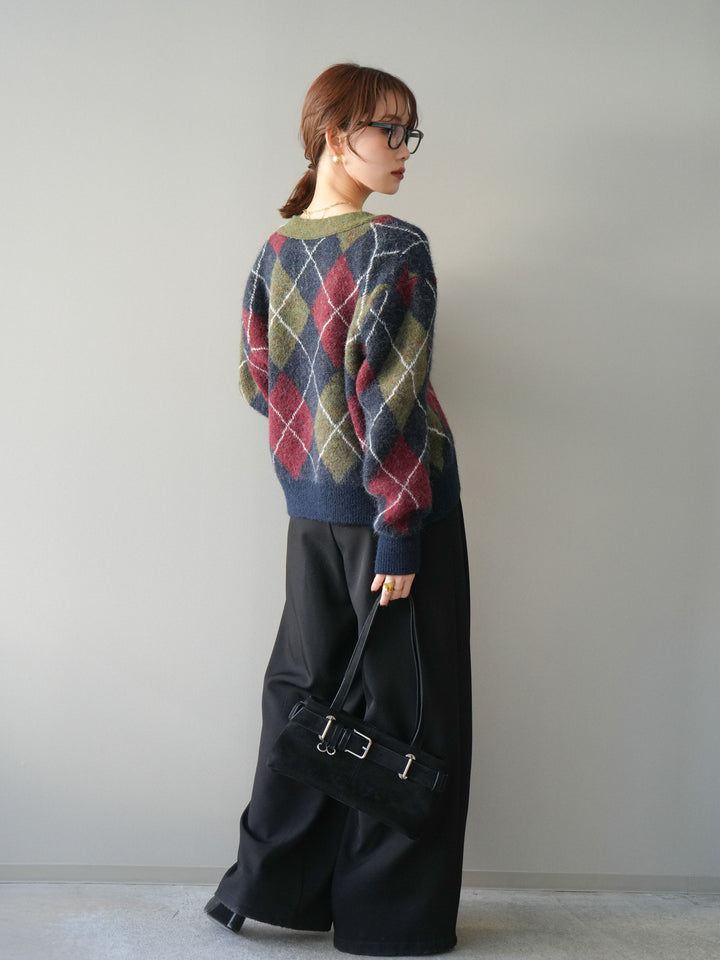 [予約]配色アーガイル柄ニットカーディガン/green