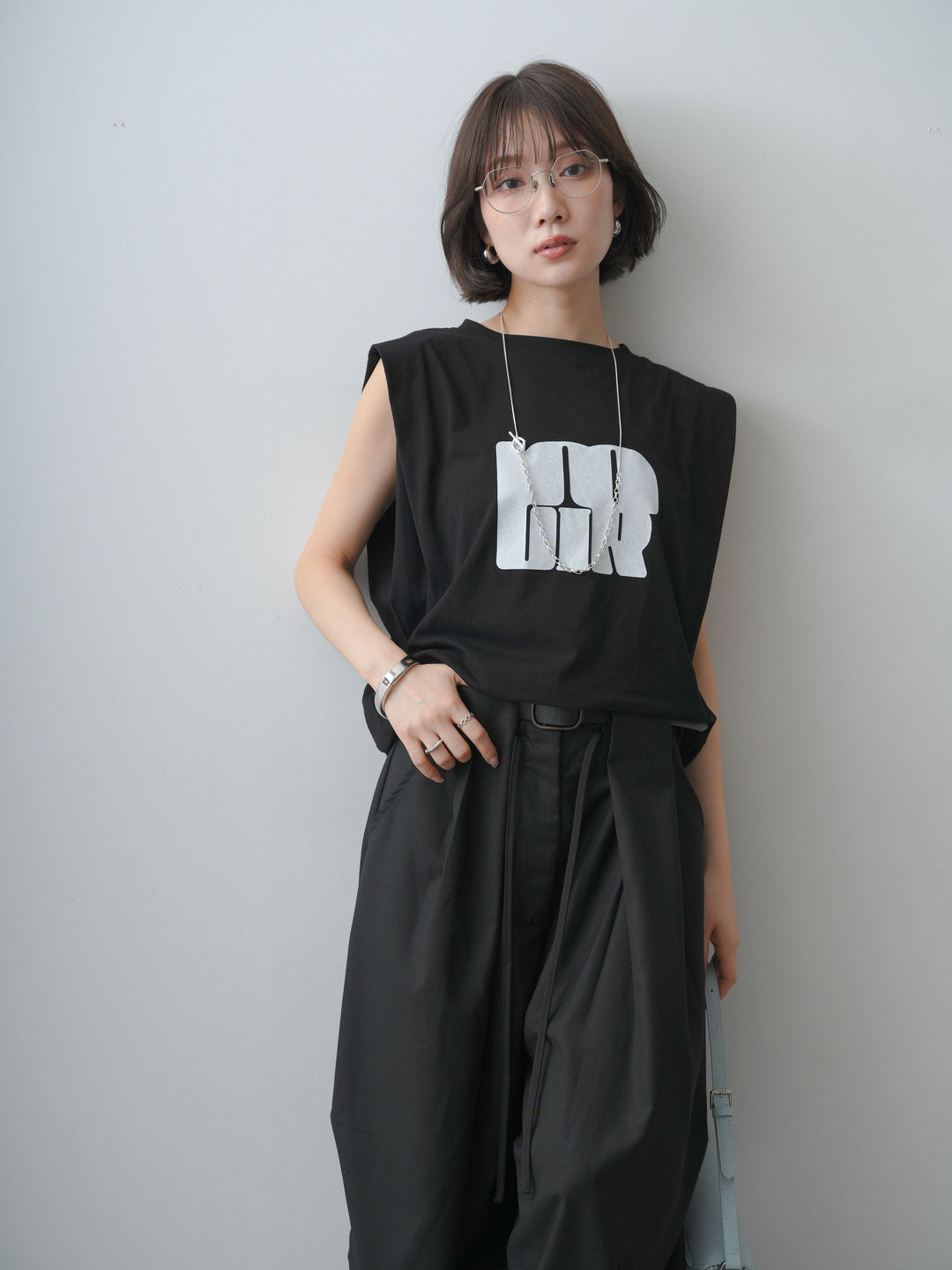 [SET]ワイドネックプリントTEE+ショルダータックノースリーブオーバーTEE(2set)