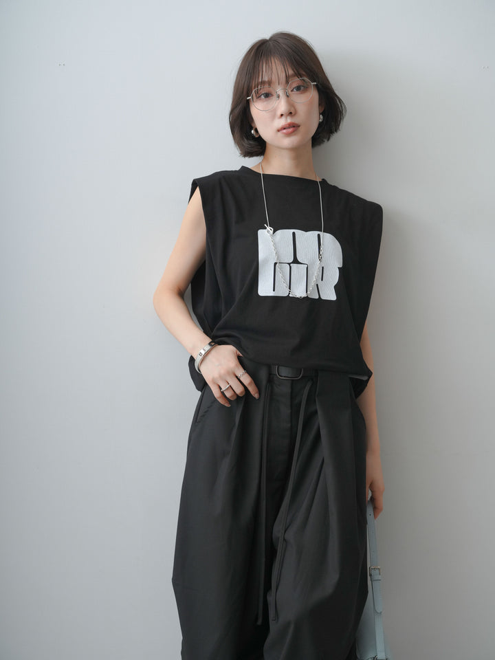 [SET]ワイドネックプリントTEE+ショルダータックノースリーブオーバーTEE(2set)