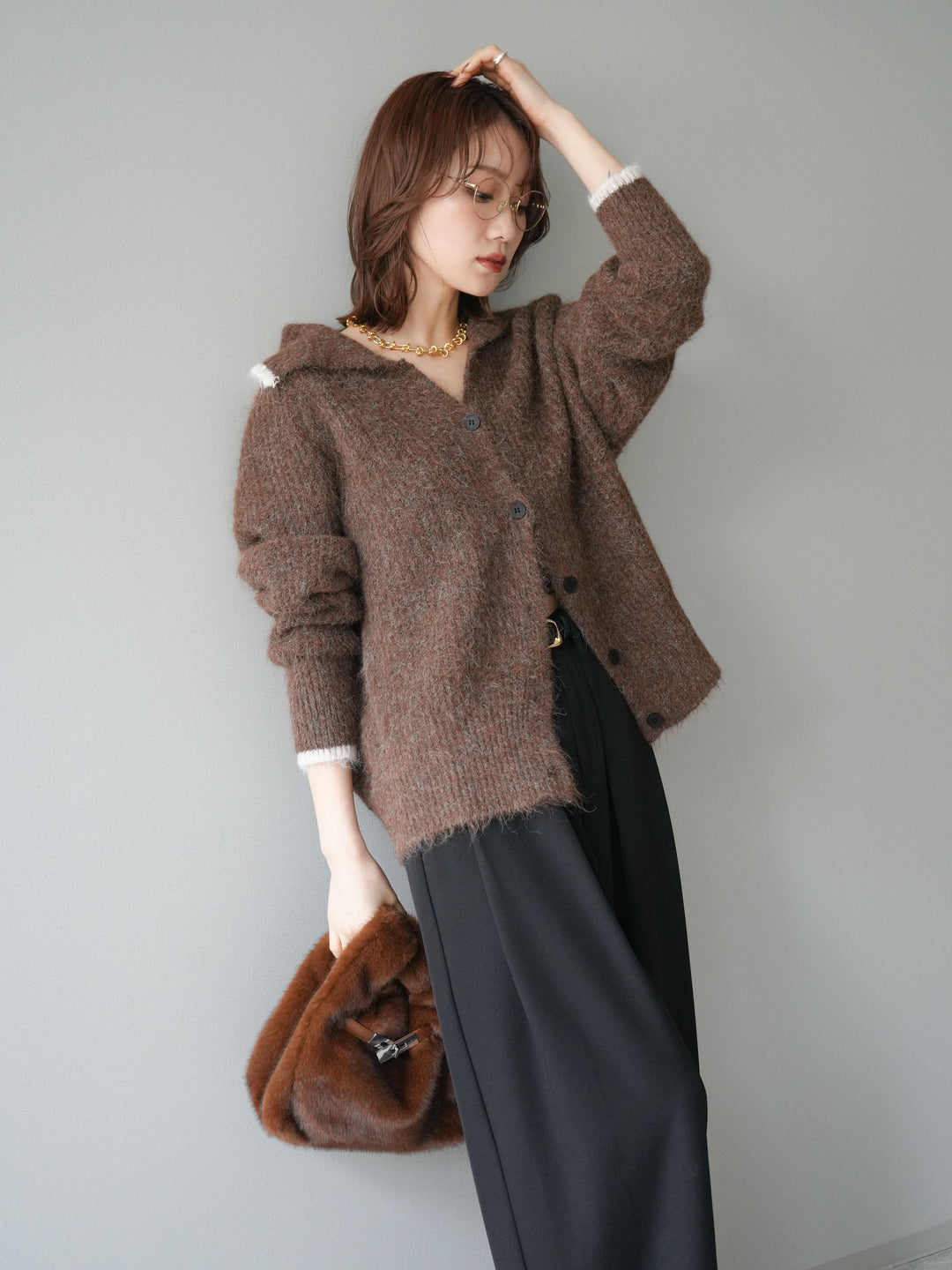 [予約]襟付きバイカラーミックスニットカーディガン/brown