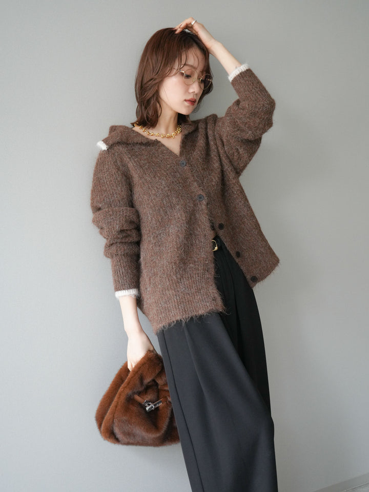 [予約]襟付きバイカラーミックスニットカーディガン/brown