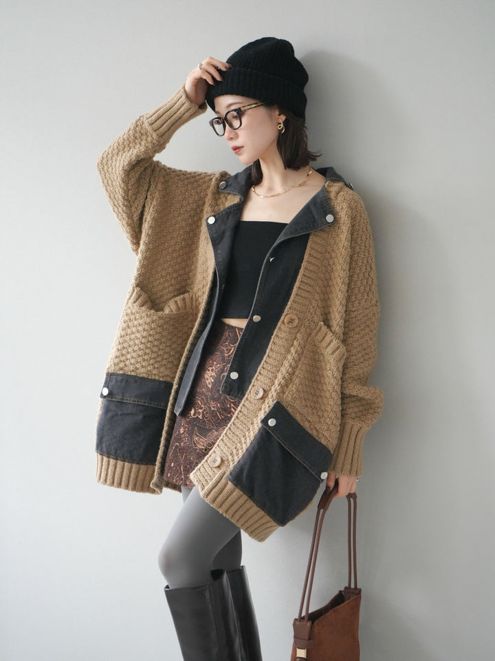 [予約]デニム襟レイヤードニットジャケット/beige