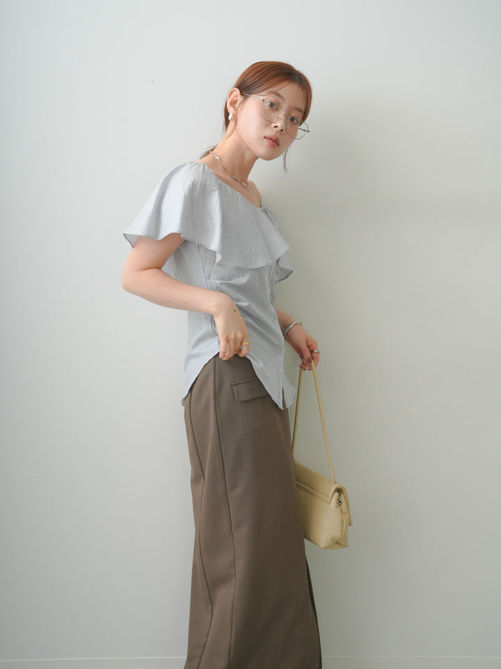 [SET]ラッフルオフショルブラウス+クレープデシンフラップ付きストレートスカート(2set)