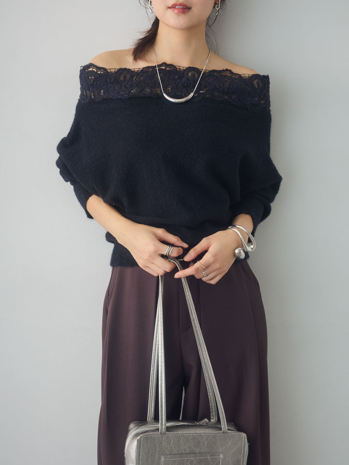 [SET]ショルダーレースオフショルニットトップス+ベルトループデザインワイドパンツ(2set)