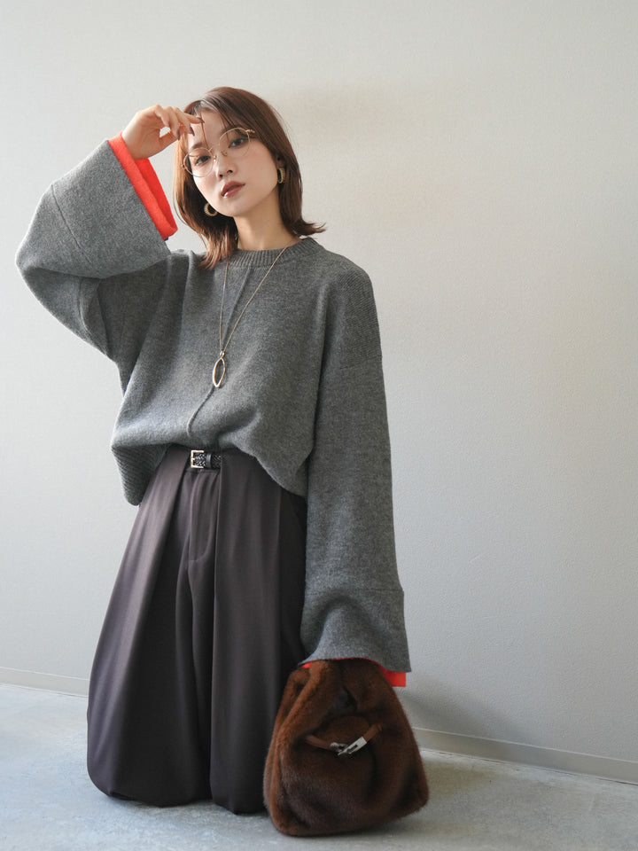 [予約]袖レイヤード配色ニットプルオーバー/charcoal