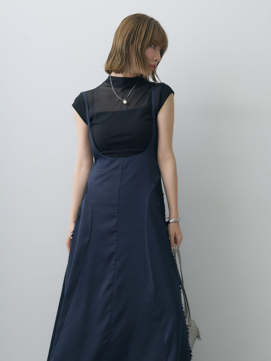 [予約]サイドレースサテンジャンパースカート/navy