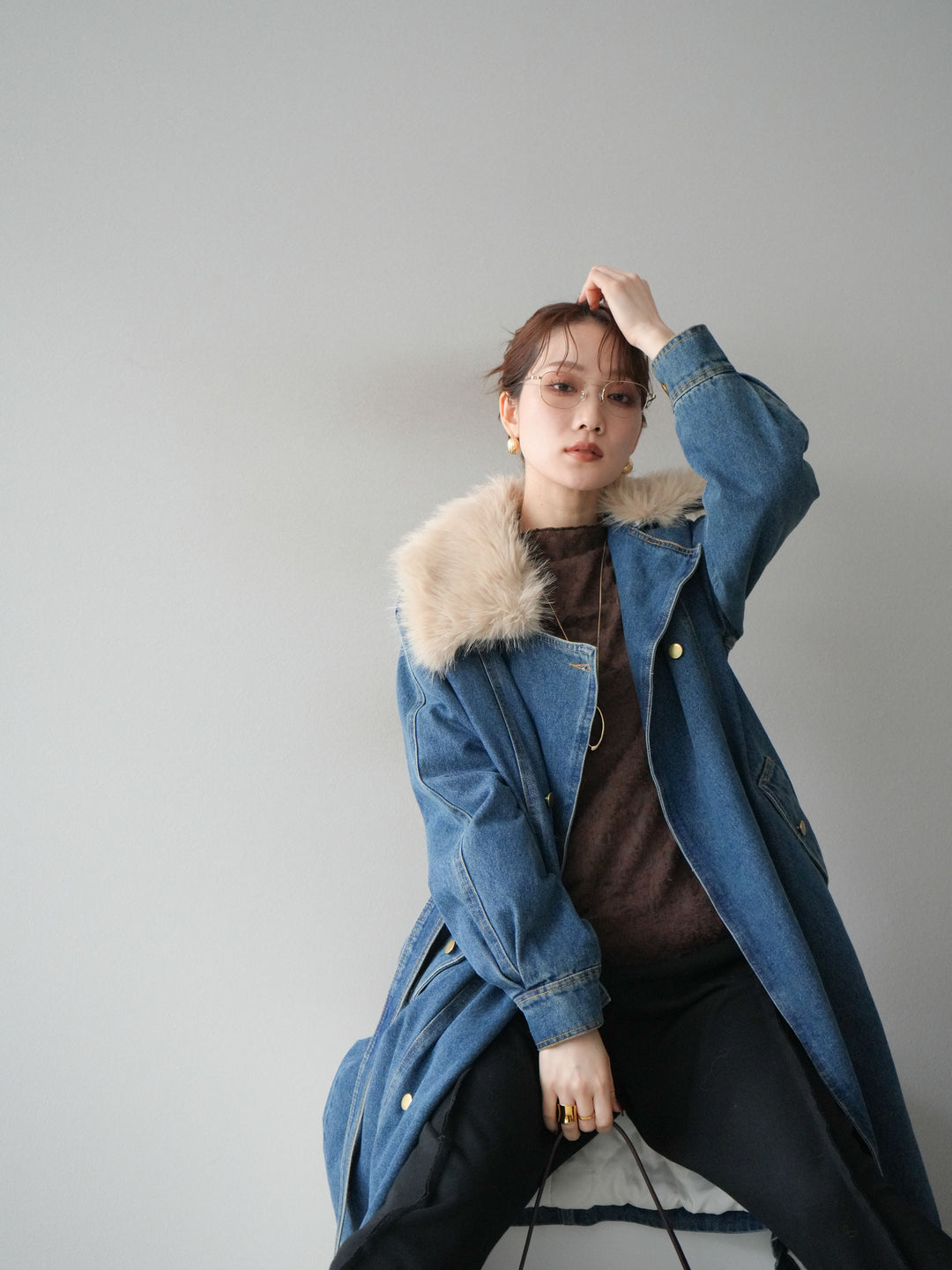 [予約]ファー襟デニムロングコート/blue