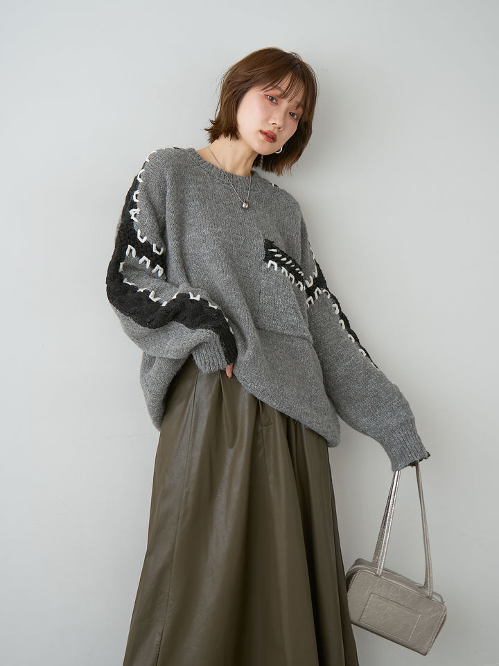 [予約]ハンドステッチデザインニットトップス/gray