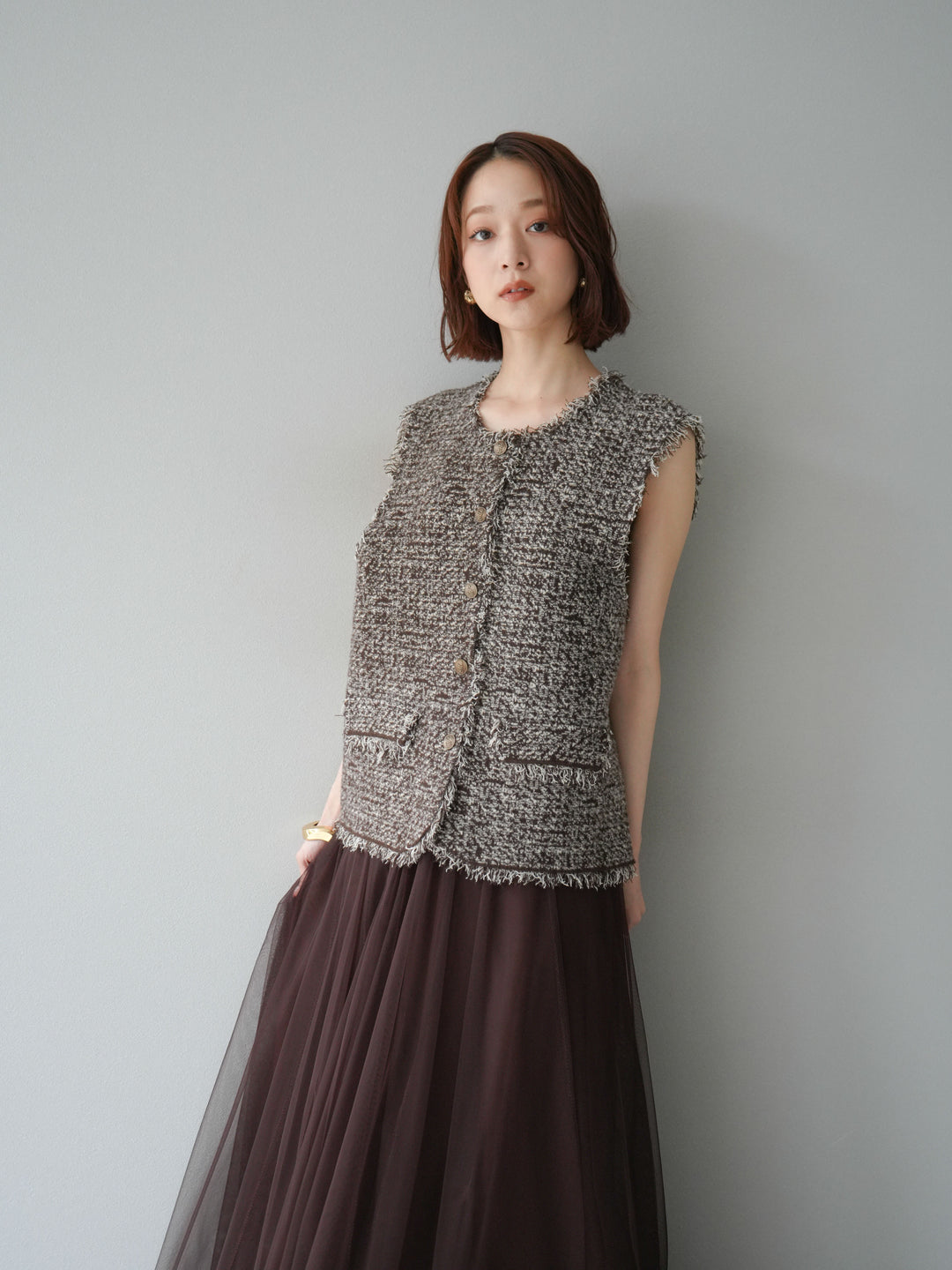 [予約]ミックスツイードフリンジニットベスト/ブラウン
