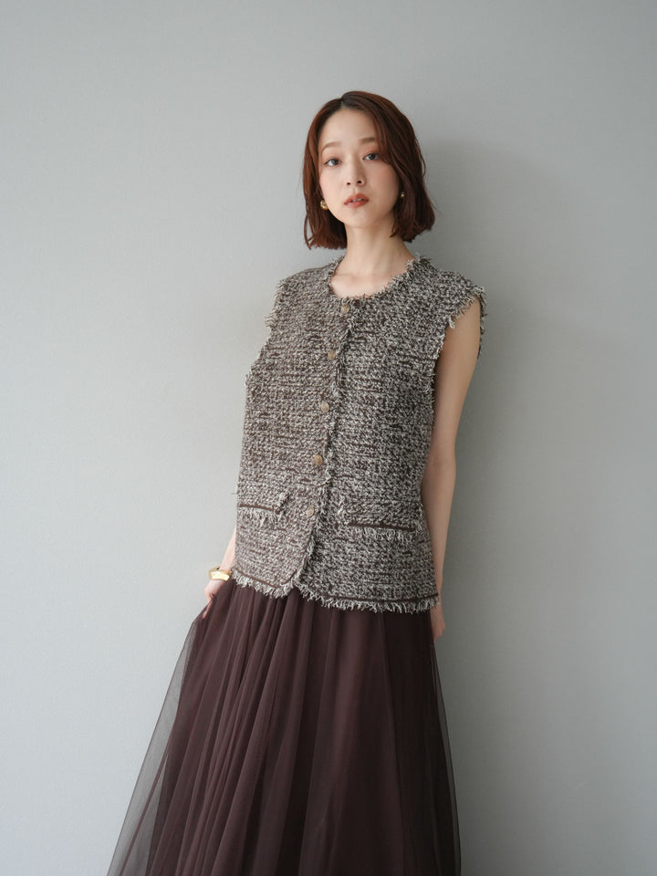 [予約]ミックスツイードフリンジニットベスト/ブラウン