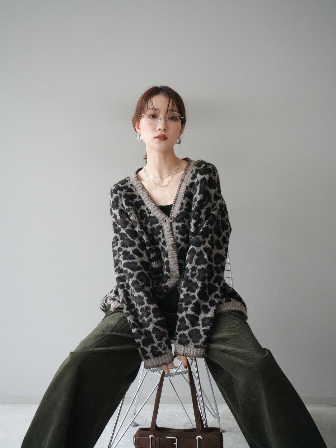 [予約]アニマル柄ステッチニットカーディガン/brown