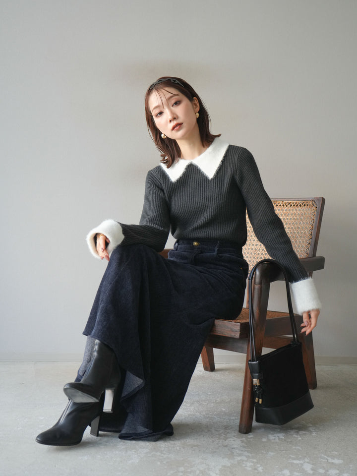 [SET]シャギー襟リブニットトップス+ベルベットマーメイドスカート(2set)