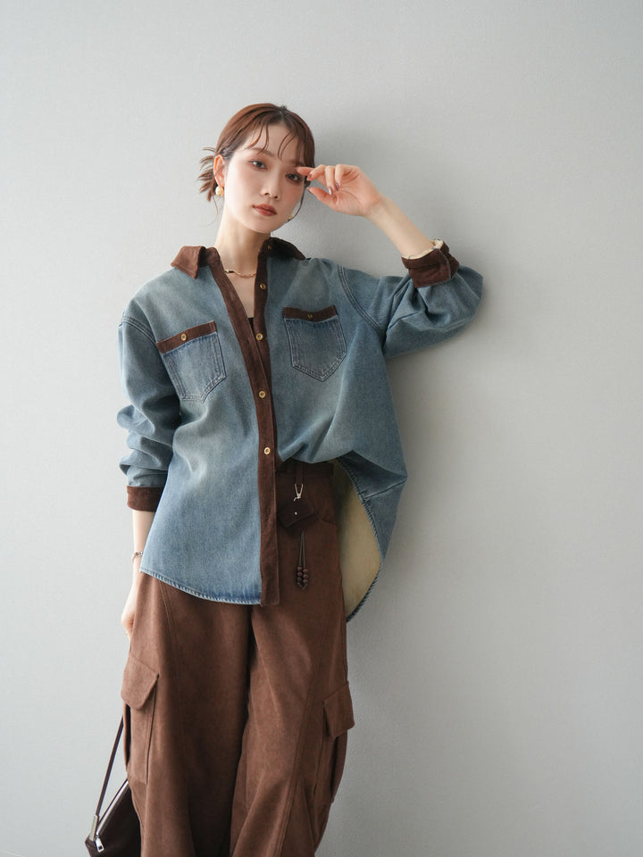 [予約]裏起毛コーデュロイ襟デニムシャツジャケット/ blue