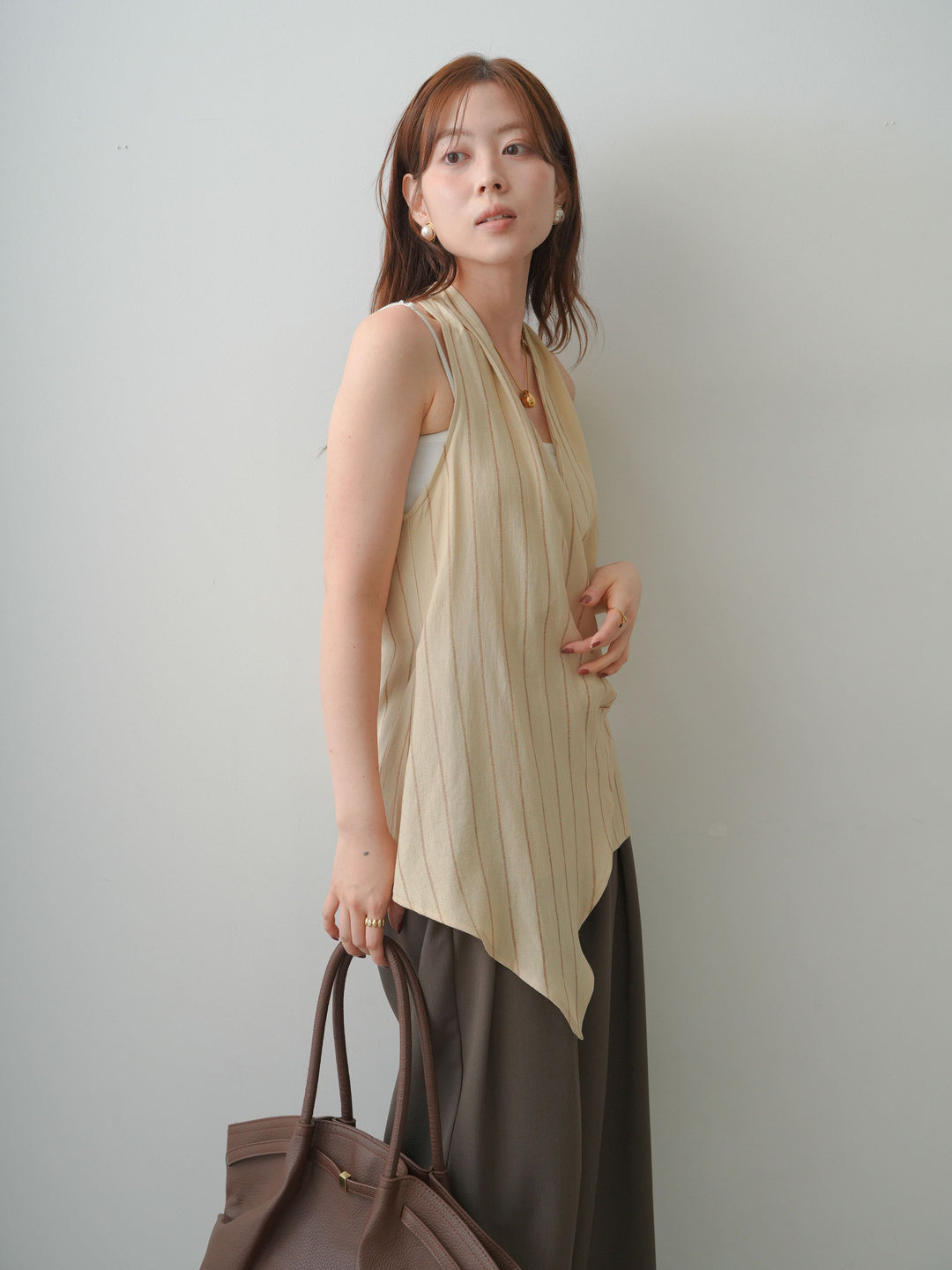 [SET]ストライプカシュクールジレ+クレープデシンタックワイドパンツ(2set)