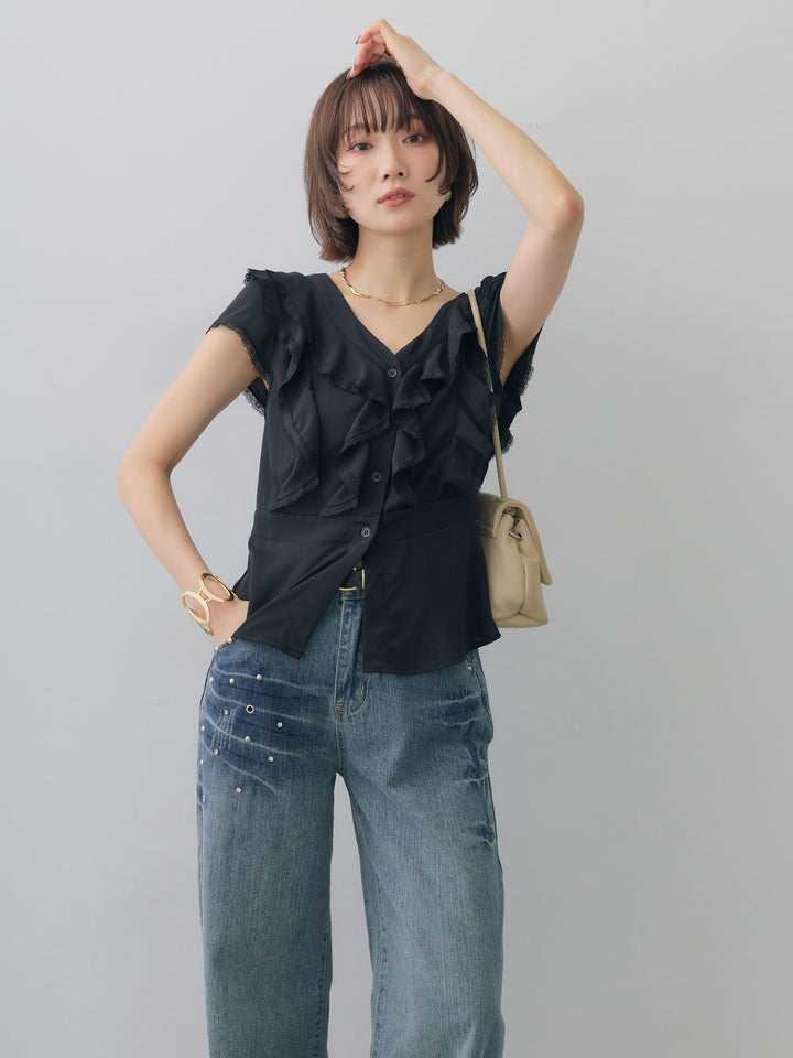 [SET]フリルレースデザインフレンチブラウス+フリルレースデザインフレンチブラウス(2set)