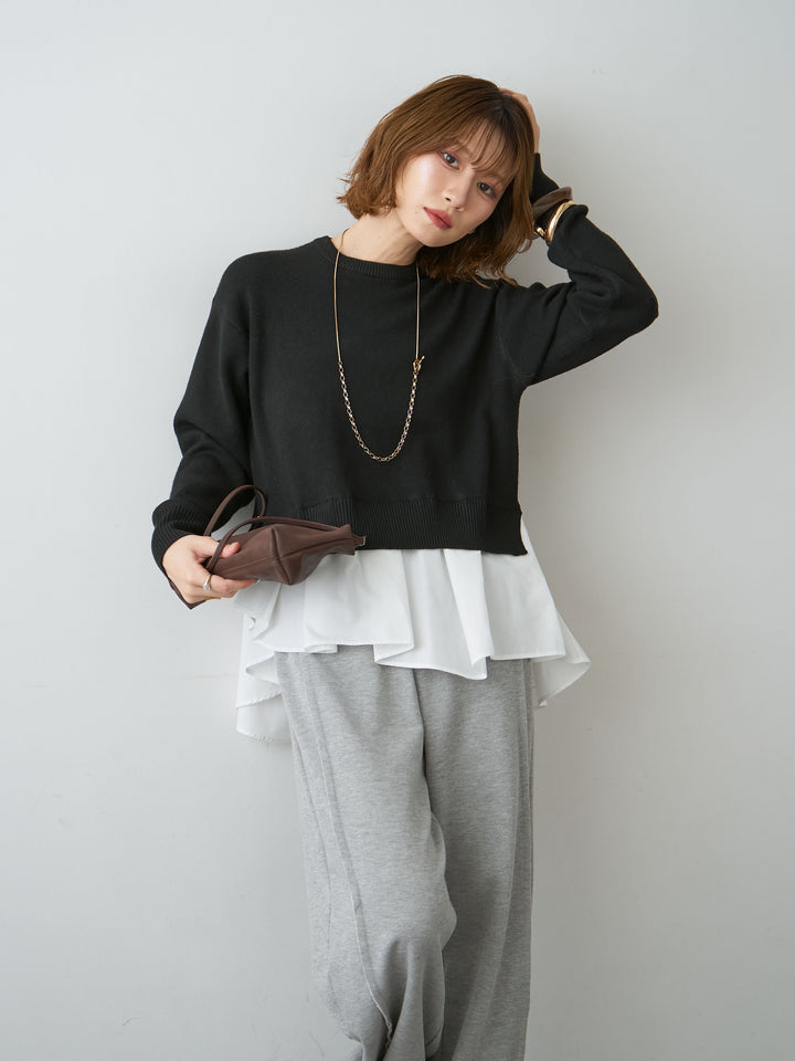 [SET]アシンメトリーシャツレイヤードニットプルオーバー+2WAYデザインスウェットパンツ(2set)