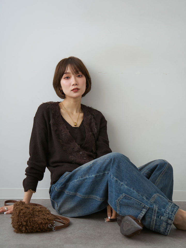 [予約]フロントカーディガンデザインレイヤードニットトップス/brown