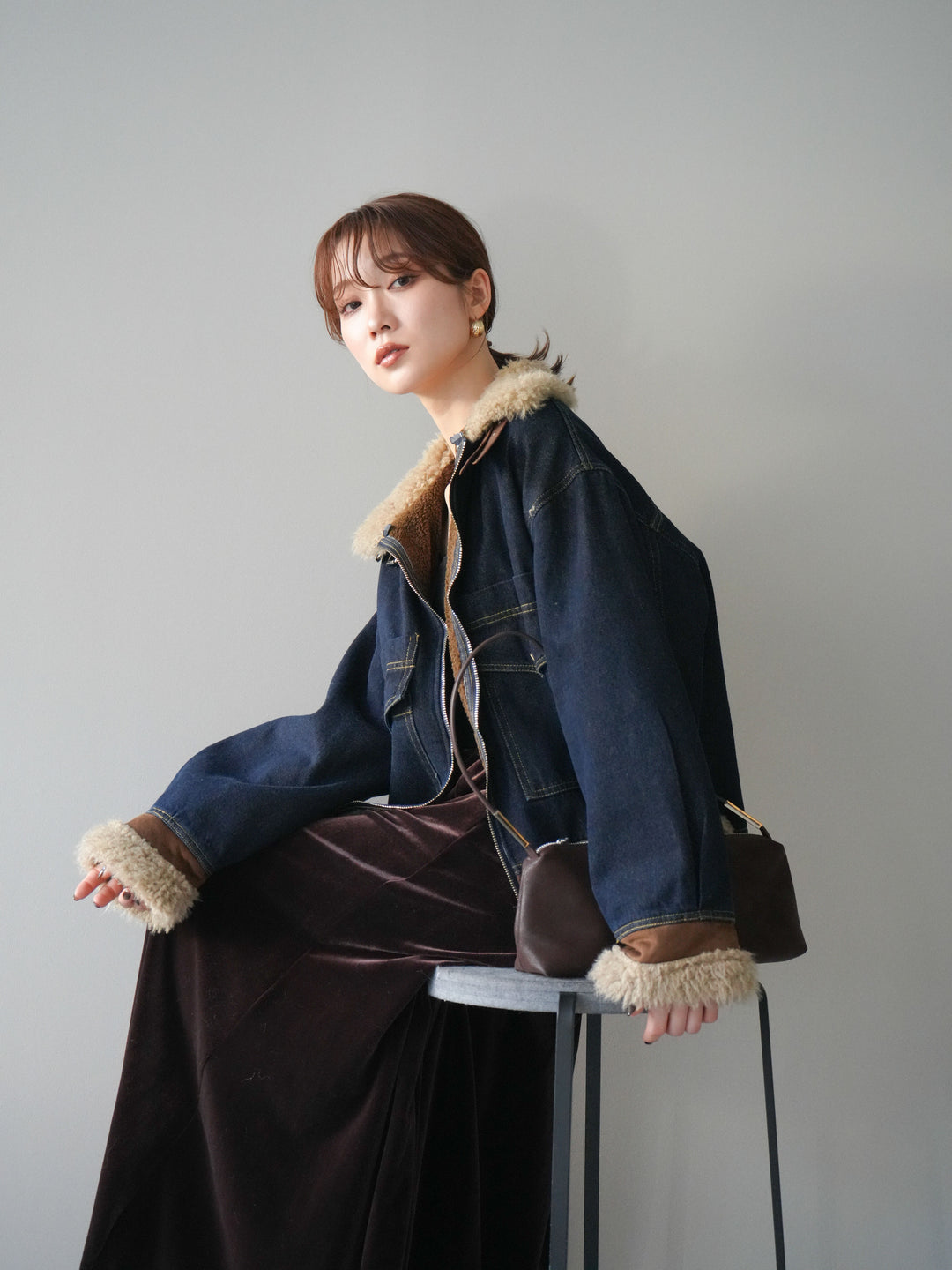 [予約]スタンドカラーファー×デニムジャケット/indigo