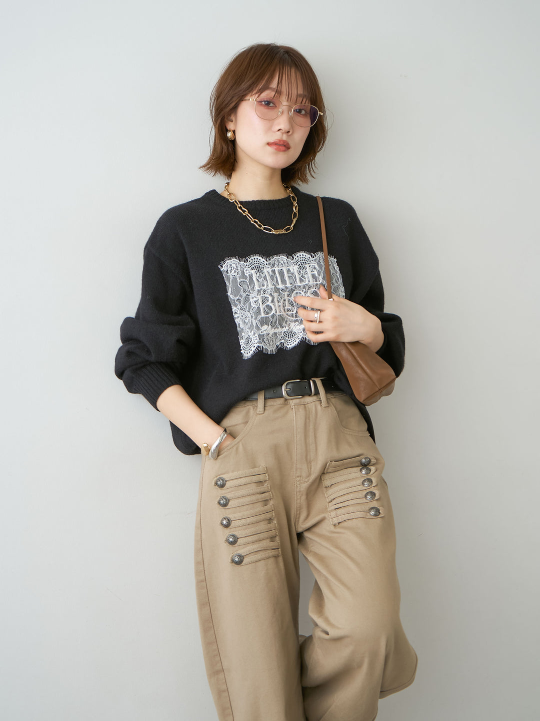 [SET]アルパカタッチ刺繍レースロゴニットプルオーバー+選べるアクセセット(2set)