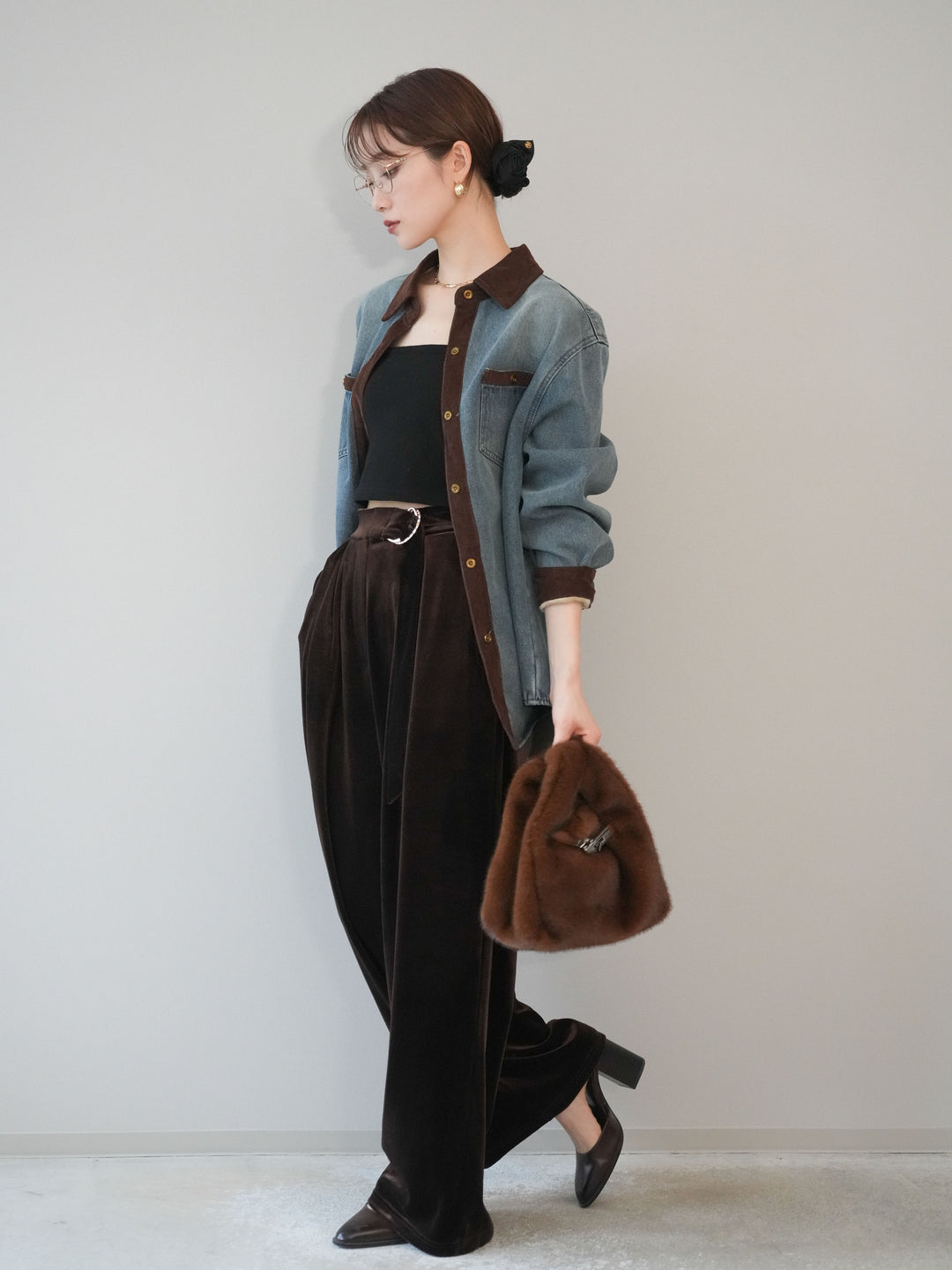 [予約]ベロアベルトスリムパンツ/brown